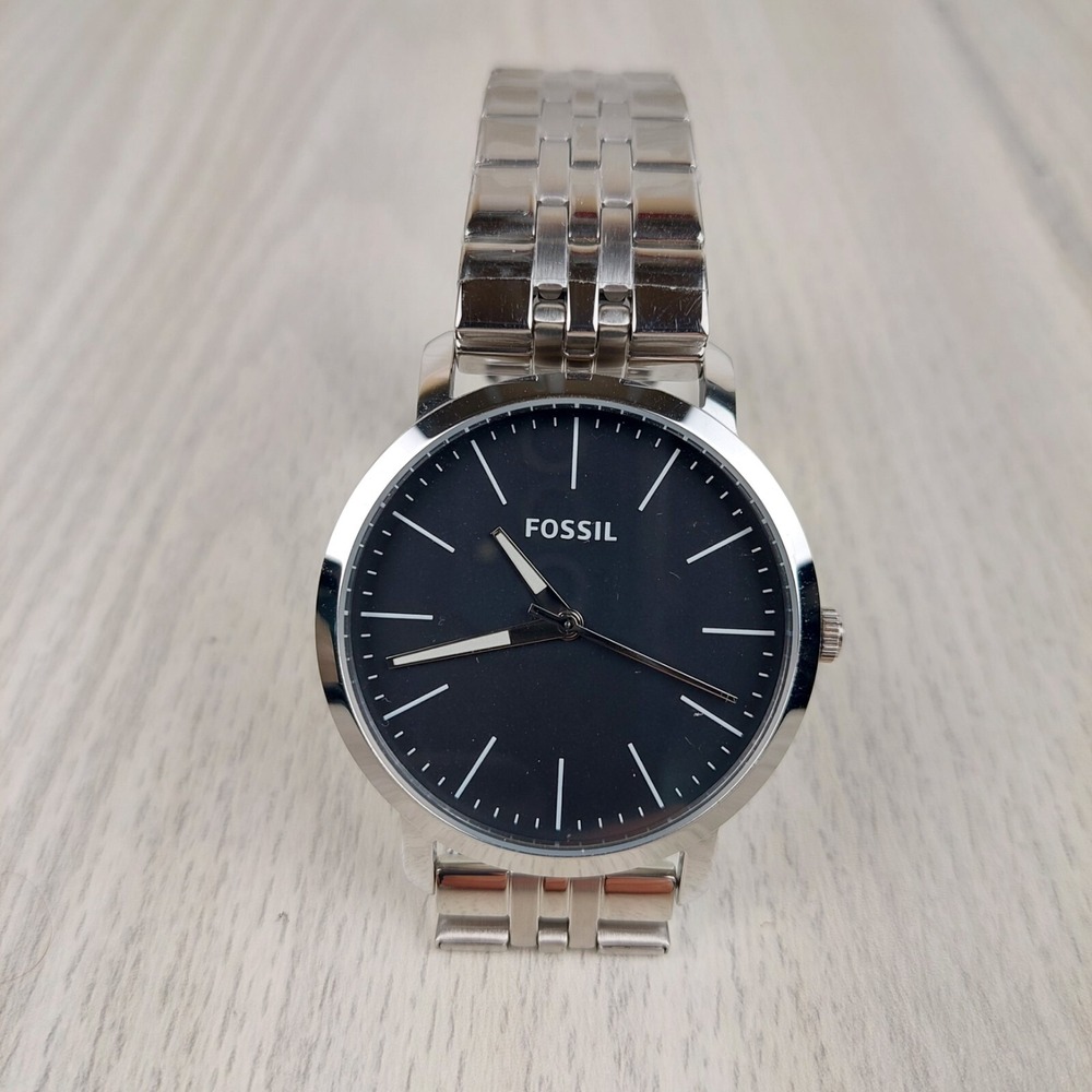 Fossil Watch Mens OS Silver BQ2466SET Black Dial Stainless Steel Minimalist